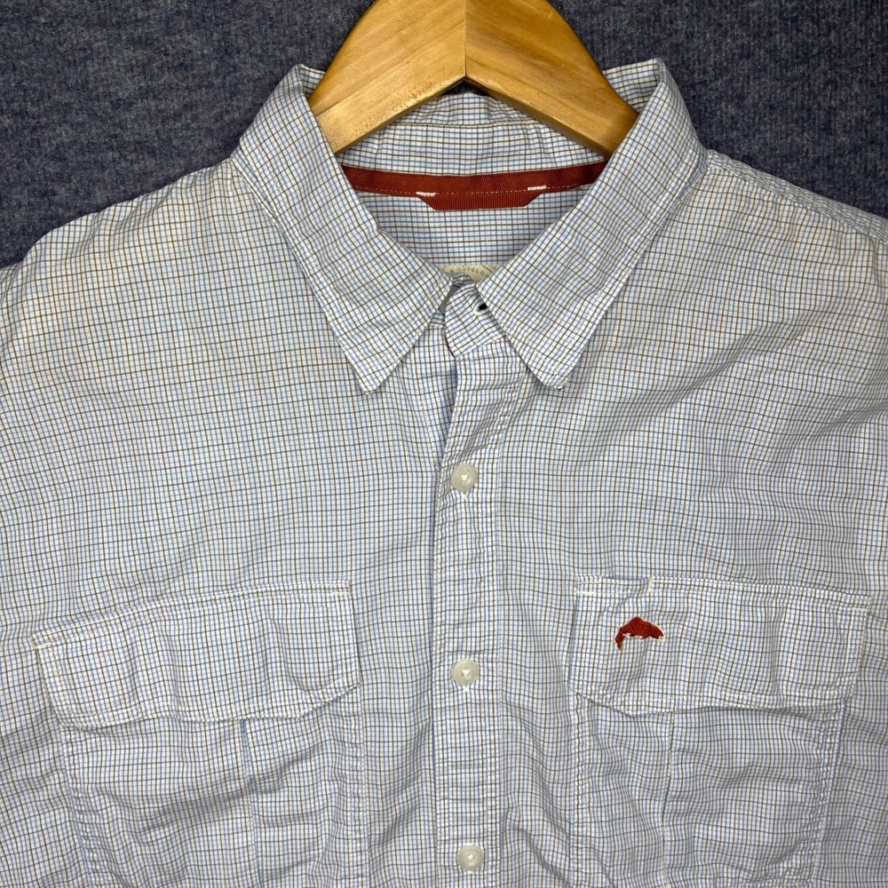 Simms Fishing Shirt Mens XL Blue White Plaid Cotton Long Sleeve Button Down Logo